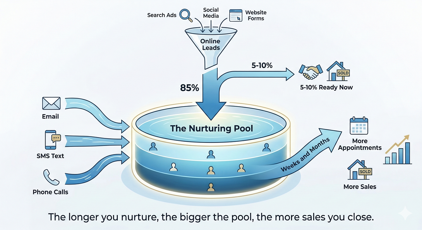 The New Home Buyer Nurturing Pool - leads flow in from online marketing, a small percentage convert immediately, while the majority enter the nurturing pool where email, SMS, and phone follow-up build pipeline over time